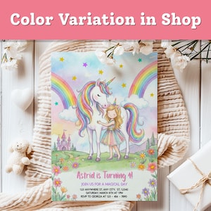 May include: A whimsical invitation with a unicorn and a girl, rainbows, and a castle. The text reads "Astrid is Turning 4!" with event details. The design features pastel colors and floral accents, perfect for a child's birthday party.
