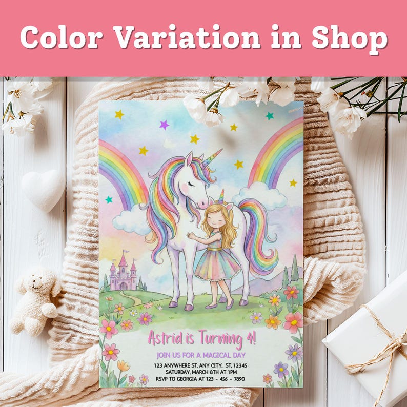 May include: A whimsical invitation with a unicorn and a girl, rainbows, and a castle. The text reads "Astrid is Turning 4!" with event details. The design features pastel colors and floral accents, perfect for a child's birthday party.