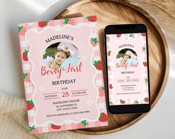 Berry First Birthday Invitation, Editable Berry 1st Birthday Girl Invite, Printable Strawberry Birthday Invitation, Canva Template