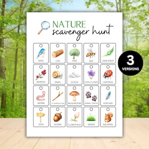 May include: A nature scavenger hunt printable with watercolor illustrations of birds, logs, trees, bees, and more. The text "Nature Scavenger Hunt" is at the top, with "3 Versions" in a black circle on the right. The images are on a white background.