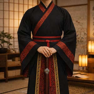 Kimono Hanfu para hombre: túnica de samurái japonesa negra y roja, yukata de manga larga y chaqueta tipo kimono.