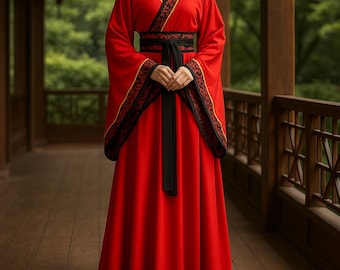 May include: A full-length shot of a red traditional Chinese Hanfu dress. The dress features black and gold trim along the neckline, sleeves, and hem. A black sash cinches the waist. The sleeves are long and flowing.