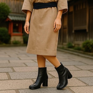 May include: Black leather ankle boots with a split-toe design and block heels. The boots are worn with a tan dress and a black belt. The boots have a unique, modern style.