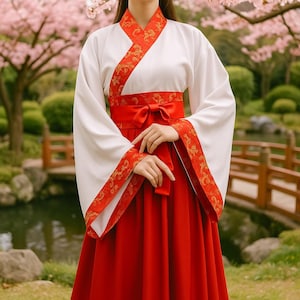 Può includere: Abito Hanfu tradizionale bianco e rosso. L'abito presenta maniche lunghe, una gonna rossa e una fascia rossa con fiocco. I bordi e gli accenti sono dorati. Lo sfondo mostra un giardino con un ponte e alberi in fiore rosa.