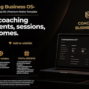 Op de afbeelding: Een digitale productweergave voor Coaching Business OS, een Notion-sjabloon. De zwart-gouden afbeelding bevat tekst met details over functies, workflow en inhoud, naast een laptopscherm met de dashboardinterface en een gouden embleem.