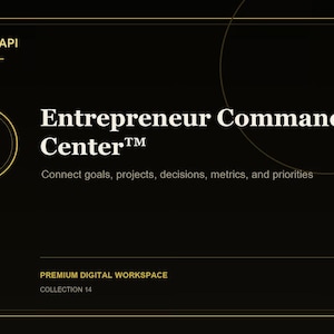 Op de afbeelding: Een zwart digitaal werkruimtesjabloon getiteld Entrepreneur Command Center met gouden tekst en lijnen. Het bevat de tekst DOPEASSPAPI, NOTION SYSTEM en de subtekst Connect goals, projects, decisions, metrics, and priorities, met een EC-logo.