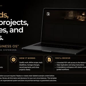 Op de afbeelding: Een digitaal Notion-sjabloon voor freelance bedrijfsbeheer met een laptop die het Freelance Business OS weergeeft. De donkere afbeelding bevat tekst over het bijhouden van projecten, klanten en financiën, installatie-instructies en een PDF.