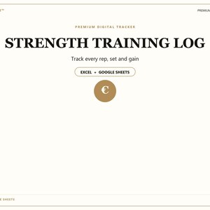Op de afbeelding: Een digitaal krachttraining logboek sjabloon met een crèmekleurige achtergrond en donkere tekst. De koptekst bevat DOPEASSPAPI, PREMIUM DIGITAL TRACKER en STRENGTH TRAINING LOG. Het bevat de tekst Track every rep, set and gain, EXCEL + GOOGLE SHEETS en een bruine cirkel met een euroteken.