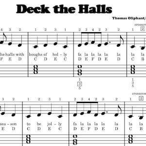 May include: Sheet music for "Deck the Halls" with the composer's name, Thomas Oliphant, displayed. The music notation includes notes, rests, and lyrics. The title is in a bold, stylized font.