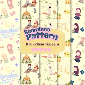 May include: A collection of seamless patterns with a Ramadan theme. The designs feature illustrations of mosques, people praying, and the text "Ramadan Kareem". The color palette includes soft yellows, pinks, and blues.