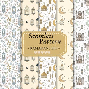 Può includere: Una collezione di motivi senza cuciture a tema Ramadan/Eid. I motivi presentano lanterne, mezzelune, stelle e illustrazioni di moschee in varie combinazioni di colori, tra cui beige, oro e blu. Il testo "Seamless Pattern ~ RAMADAN / EID ~" è visualizzato su uno striscione beige.