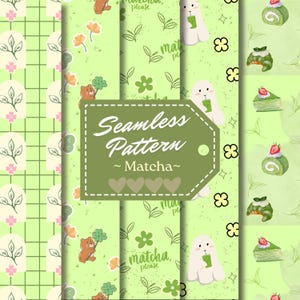 Könnte beinhalten: Eine Sammlung nahtloser Muster in Grüntönen mit Matcha-Motiven. Die Muster enthalten Illustrationen von Bären, Hasen, Blumen und Matcha-Desserts. Der Text "Seamless Pattern ~ Matcha~" wird auf einem grünen Etikett angezeigt.