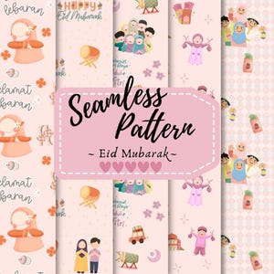 May include: A seamless pattern design with a pink background and various illustrations related to Eid Mubarak. The design includes images of people, drums, lanterns, and text that reads "Seamless Pattern ~ Eid Mubarak~".