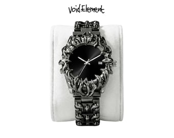 Reloj gótico cromado de estilo alabastro negro soldado, reloj de cuarzo Y2K de acero inoxidable fundido