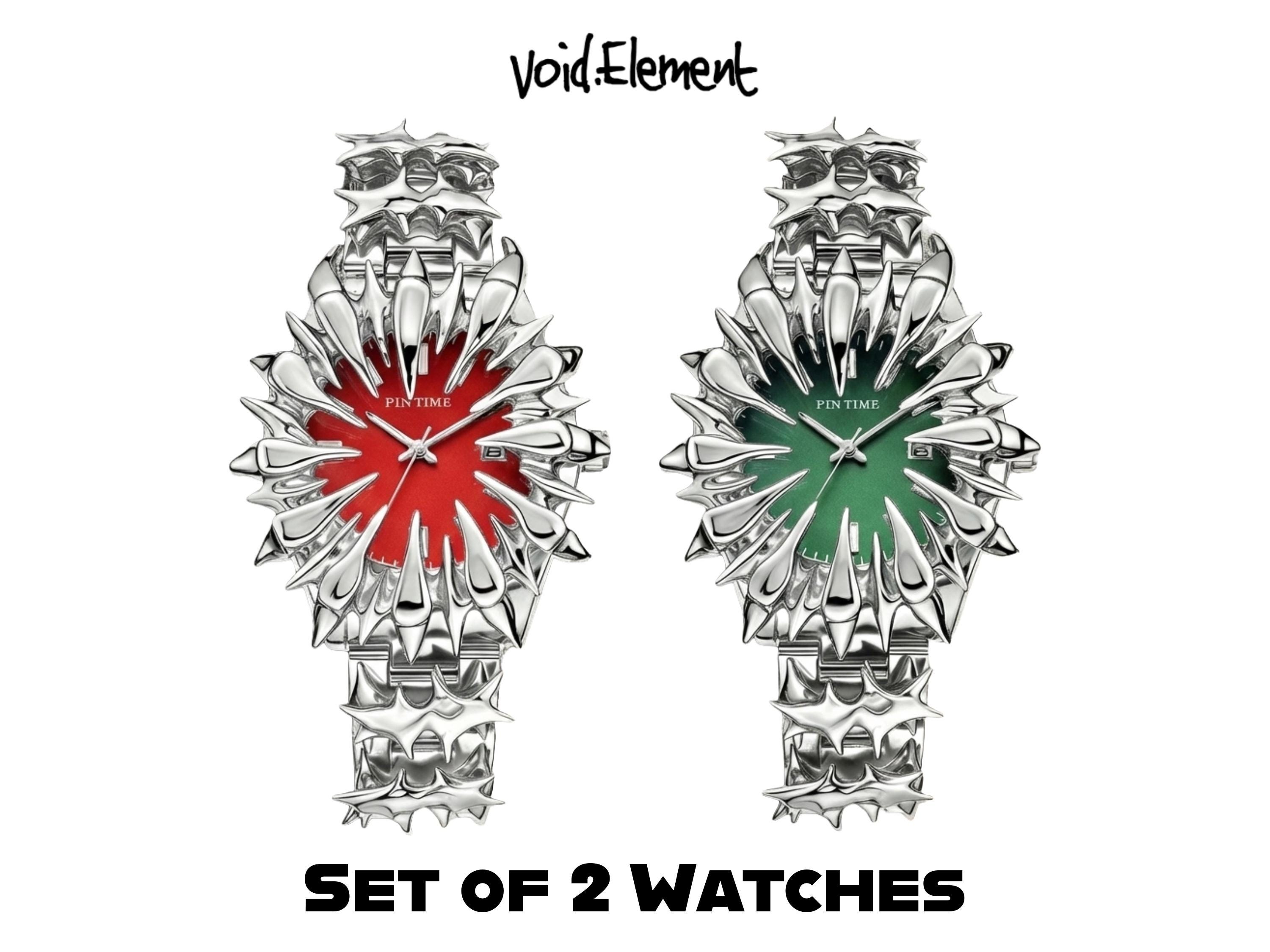 Set of 2 Spike Soldered Style Opium Gothic Chrome Watch Y2K Quartz