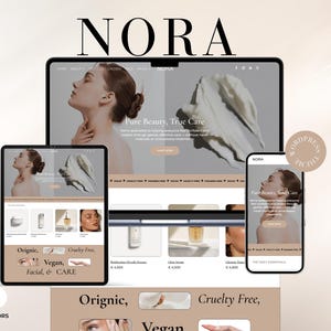 May include: A digital display of a website design for a beauty brand, "NORA", showcasing a clean, minimalist aesthetic. The design is displayed on a laptop, tablet, and smartphone, with a neutral color palette and the text "Pure Beauty, True Care".