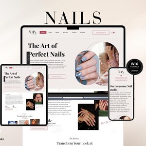 May include: A digital mockup of a nail salon website displayed on a tablet, laptop, and smartphone. The website features the text "NAILS" at the top, with the words "The Art of Perfect Nails" prominently displayed. The color scheme includes shades of pink, black, and white.