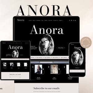 May include: A digital mockup of a website design, showcasing the "Anora" brand across multiple devices: a tablet, a laptop, and a smartphone. The design features a black and white color scheme with a minimalist aesthetic. The text "Anora" is prominently displayed.