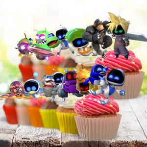 May include: A collection of cupcakes with pink frosting arranged on a wooden surface, topped with various small cartoon character figures including robots, a gorilla, a blonde warrior, a green alien, and a purple octopus-like creature.