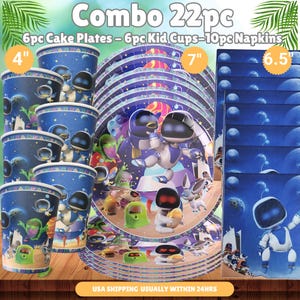May include: A 22-piece party supply set featuring space-themed graphics. Includes 6 cups, 6 plates, and 10 napkins. The items display robots and alien creatures against a dark blue cosmic background. Plates are 7 inches, cups are 4 inches, and napkins are 6.5 inches.