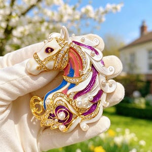 Luxurious Equestrian Horse Head Brooch - Real Gold Plated Enamel Statement Pin - Detailed Horse Lover Jewelry with Zircon & Pearls