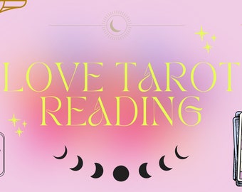 May include: A pink and purple gradient background with the text "LOVE TAROT READING" in yellow. The image also features a tarot card with the Ace of Cups, a sun, a moon, and stars.