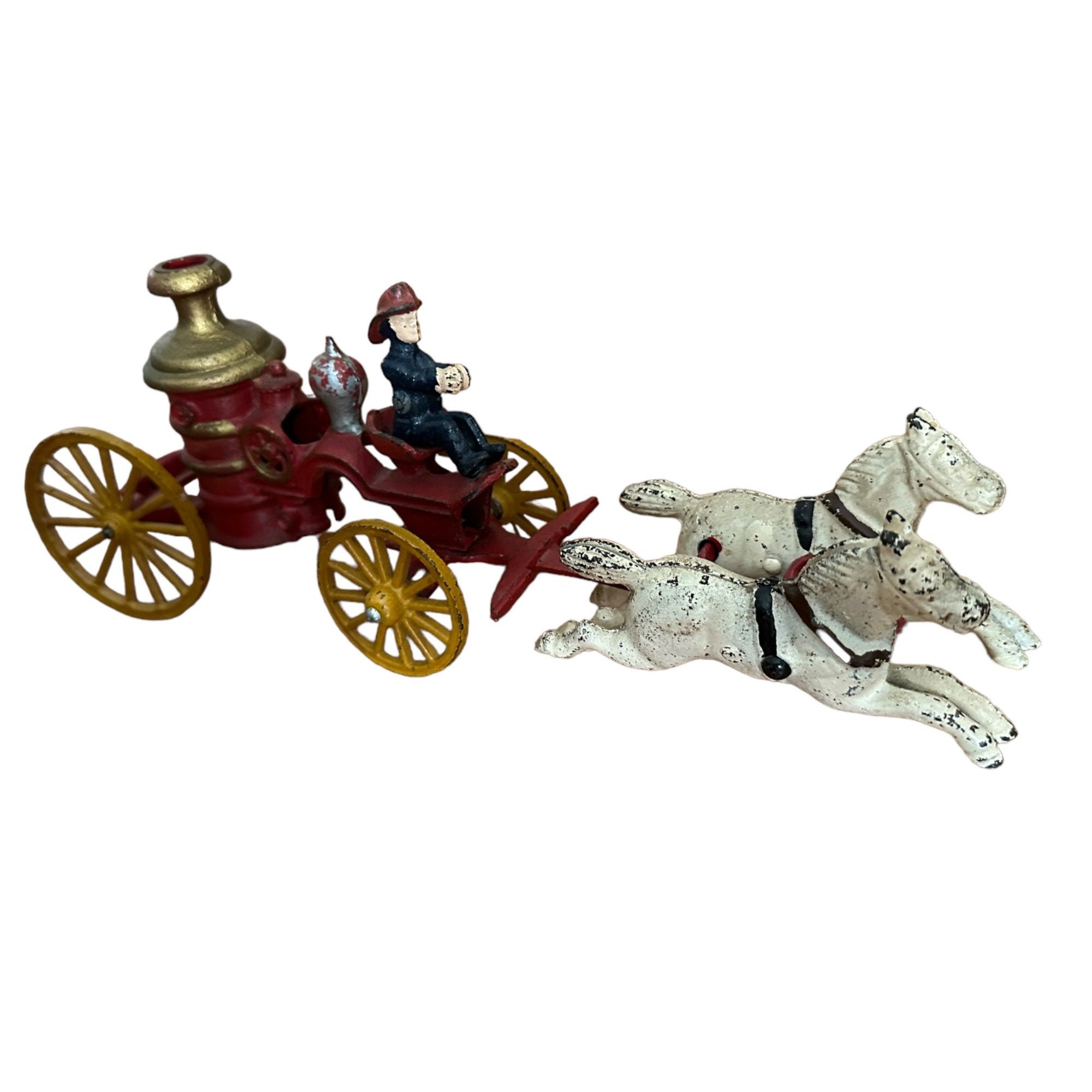 Antique Cast Iron Toy Fire Engine Pump Truck Horse Drawn Original Paint ...