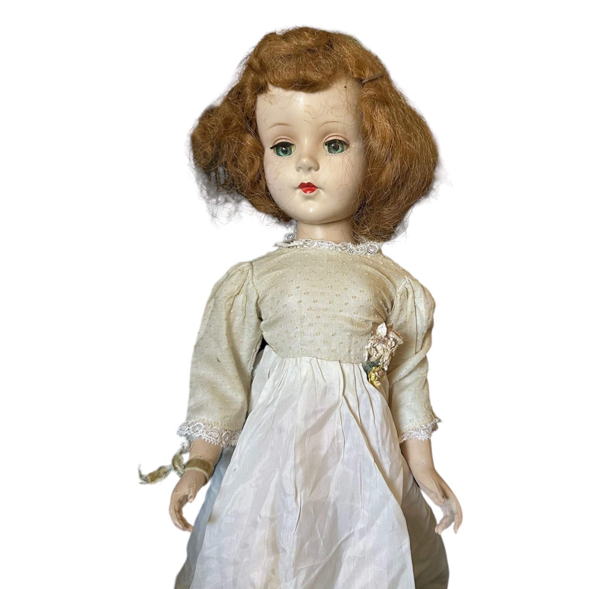POUPÉE ANCIENNE EN COMPOSITION À SYSTÈME BRUITEUR - ROBE LONGUE - 50 cm
