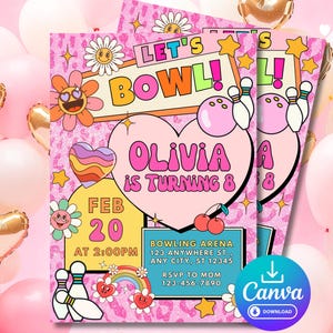 以下が含まれることがあります： 「LET'S BOWL!」と「オリビアは8歳」の文字が入った、ピンク色のボーリングをテーマにした誕生日パーティーの招待状。デザインにはボーリングピン、虹、ハート型のグラフィックが含まれています。 日付は2月20日午後2時です。
