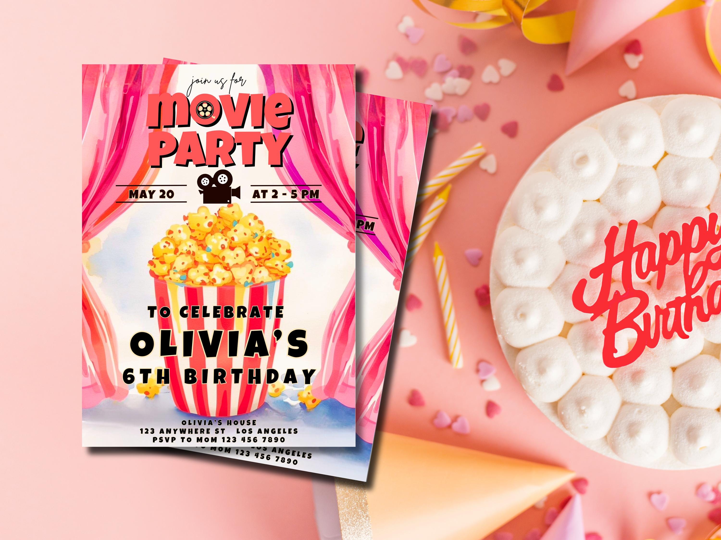 Printable Movie Birthday Invitation – Popcorn Party Invite (digital ...