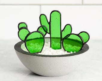 Stained Glass Cacti Trio with Display Bowl