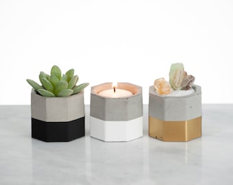 Single Concrete Mini Planter and Candle Holder- Octagon, Band