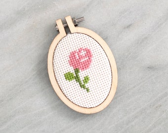 Mini Cross Stitch Single Rosebud Pendant- Finished Product