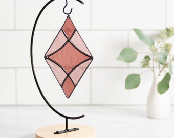 Stained Glass Suncatcher, Window Hanging, Wall Art, Curved Diamond, Pink