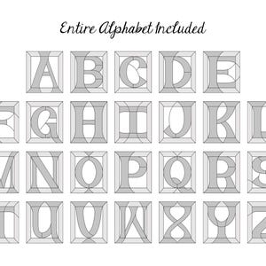 A complete alphabet, each letter encased in a square frame with a stained-glass effect. The letters are in a light gray color, with a darker gray outline. The text "Entire Alphabet Included" is written above the letters in a cursive font.