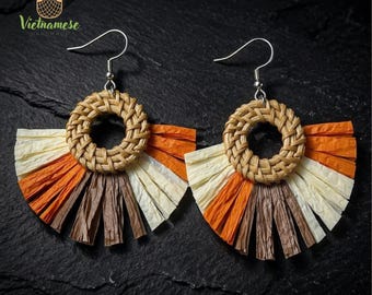 Autumn Glow Natural Woven Rattan Earrings, Lightweight Boho Straw Jewelry for Everyday Elegant Styling