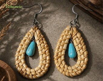 Handmade Rattan Teardrop Earrings, Boho Woven Jewelry with Turquoise Bead