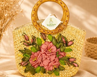 Handmade Woven Straw Handbag, Bamboo Handle Tote Bag, Floral Beach Purse
