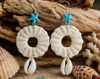 Handmade Rattan Teardrop Earrings, Boho Woven Straw Jewelry, Coastal Ocean Style