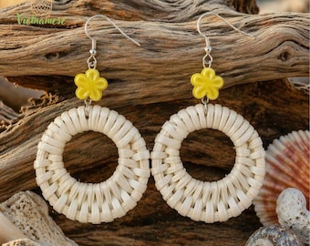 Handmade Rattan Teardrop Earrings, Boho Woven Straw Jewelry, Natural Floral Design