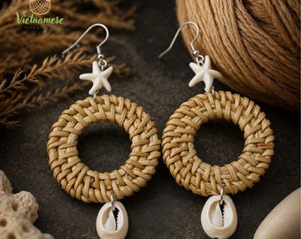 Handmade Rattan Teardrop Earrings, Boho Woven Straw Jewelry, Turquoise Accent