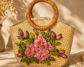 Hand-stitched Floral Bamboo Handbag, Boho Summer Straw Tote, Vietnamese Artisan Beach Purse
