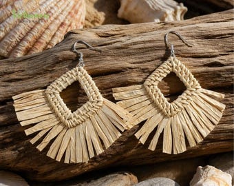 Handmade Rattan Teardrop Earrings, Boho Woven Straw Jewelry, Tropical Coastal Style