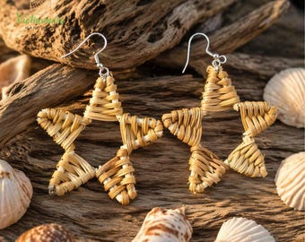 Handmade Rattan Star Earrings, Boho Woven Teardrop Jewelry, Coastal Ocean Breeze Style