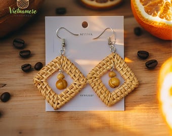 Handmade Rattan Teardrop Earrings, Boho Woven Straw Jewelry, Vietnamese Craftsmanship