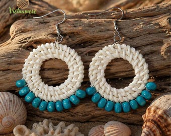 Handmade Rattan Teardrop Earrings, Woven Boho Jewelry, Ocean Wave Inspired