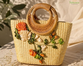 Handmade Straw Tote Bag, Woven Summer Beach Bag, Eco-Friendly Vegan Handbag, Boho Vacation Purse