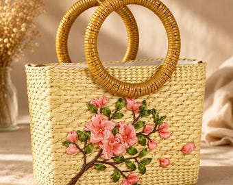 Handwoven Straw Handbag, Ribbon Embroidered Floral Design, Bamboo Handle Tote Bag