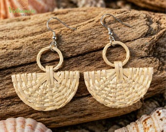 Handmade Rattan Teardrop Earrings, Boho Woven Straw Jewelry, Vietnamese Artisan Craftsmanship