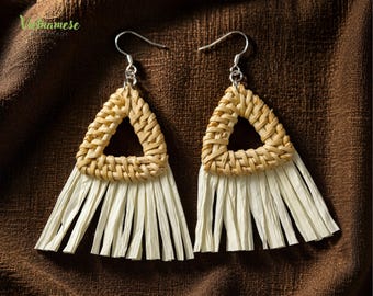 Handmade Rattan Teardrop Earrings, Boho Woven Straw Jewelry, Coastal Style
